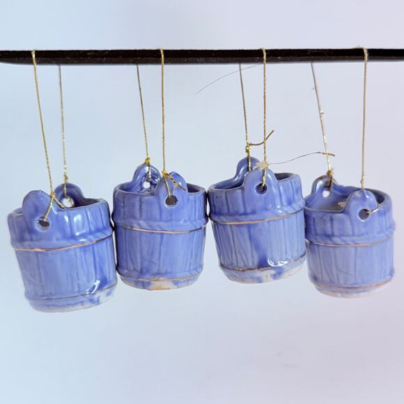 Vintage Blue Ceramic Bucket Ornaments Set of 4 – Mini 1" Hanging Pails - Picture 3 of 8